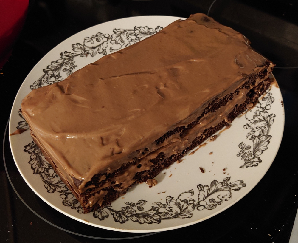 A two layer rectangle cake with pudding between layers and on top.