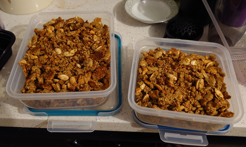 Two containers of homemade granola.